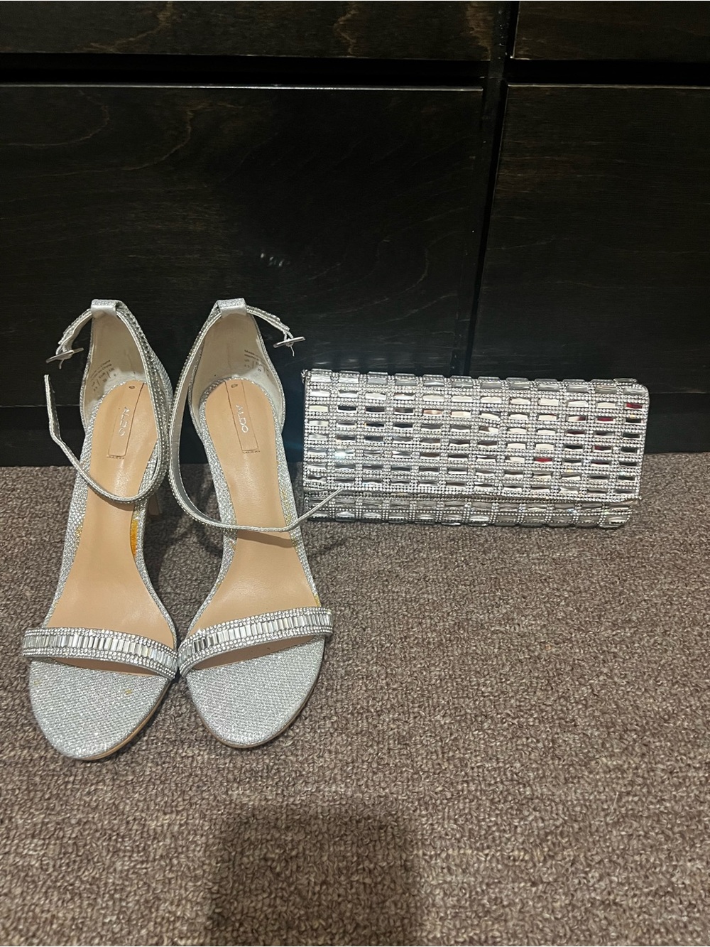 Aldo Silver Rhinestone Ankle-Strap Heels with Matching Clutch
